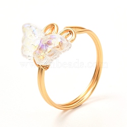 Butterfly Glass Cuff Rings for Teen Girl Women, Real 18K Gold Plated Brass Ring, Clear AB, US Size 7 3/4(17.9mm)(RJEW-JR00397)