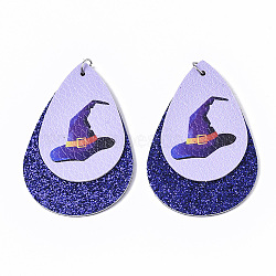 Halloween Theme, PU Leather Big Pendants, with Glitter Powder and Platinum Tone Stainless Steel Jump Rings, teardrop, with Witch Hat, Blue, 56x37x3mm, Hole: 4mm(X-FIND-R078-09)