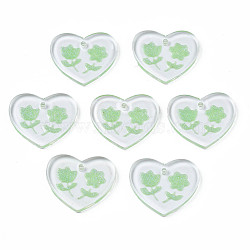 Transparent Resin Pendants, with Glitter Powder, Heart with Flower, Light Green, 17x20x2mm, Hole: 1.4mm(RESI-N030-001A)
