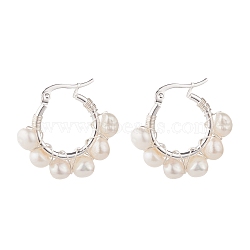 Natural Pearl Wire Wrapped Beaded Hoop Earrings for Women, Silver, White, 28x30x8mm, Pin: 0.8mm(EJEW-JE04758-01)