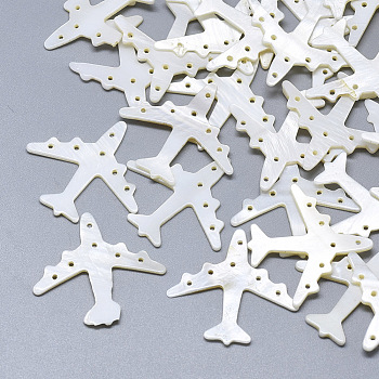 Freshwater Shell Airliner Filigree Joiners Links, Carved Passenger Airplane, Seashell Color, 26~27x28x1~1.5mm, Hole: 1~1.5mm