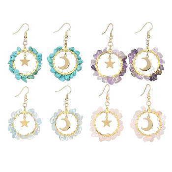 4 Pair 4 Style Natural & Synthetic Mixed Stone Chips Dangle Earrings, Brass Star & Moon Drop Earrings for Women, 53~56x32.5~34mm, 1 Pair/style