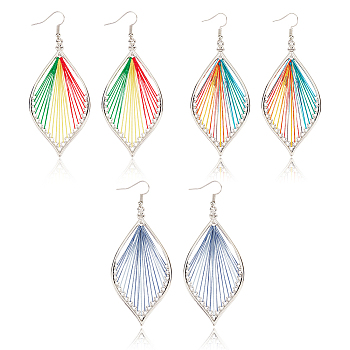 3 Pair 3 Color Bohemia Woven Leaf Dangle Earrings, Platinum Alloy Long Drop Earrings for Women, Mixed Color, 89mm, Pin: 0.5mm, 1 Pair/color