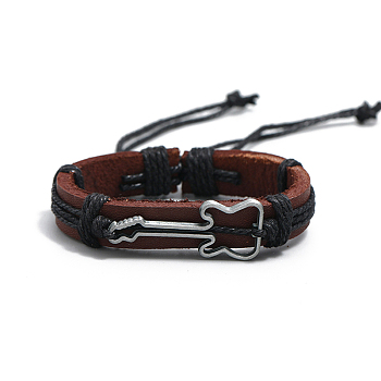 Alloy Guitar Link Bracelet, Cowhide Leather Braided Cord Bracelet for Men Women, Black, 6-3/4~7-1/8 inch(17~18cm)