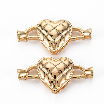 Brass Fold Over Clasps, Nickel Free, Heart, Real 18K Gold Plated, 15x15x5.5mm, clasp: 10.5x6x4.5mm, hole: 3x1mm
