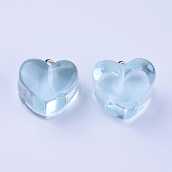 Resin Pendants, Transparent, with Iron Findings, Heart, Platinum, Light Sky Blue, 17x17x10.5mm, Hole: 1.8mm