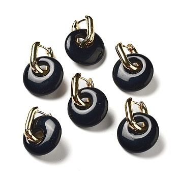 Rack Plating Brass Hoop Earrings, with Natural Black Agate, Long-Lasting Plated, Cadmium Free & Lead Free, Donut/Pi Disc, 27mm