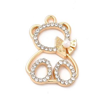 Alloy Crystal Rhinestone Pendants, with ABS Plastic Imitation Pearl Bead, Bear Charms, Golden, 23x16.5x4.3mm, Hole: 1.6mm