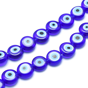 Handmade Evil Eye Lampwork Flat Round Bead Strands, Blue, 6x3mm, Hole: 1mm, about 65pcs/strand, 14 inch