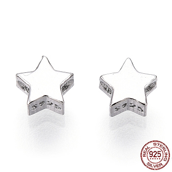 Rhodium Plated 925 Sterling Silver Beads, Star, Nickel Free, with S925 Stamp, Real Platinum Plated, 4x4.2x2.2mm, Hole: 0.8mm