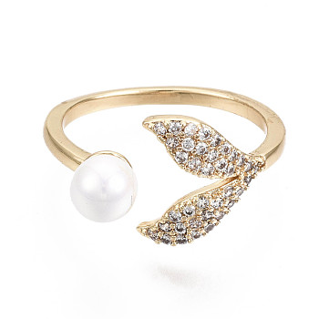 Brass Micro Pave Clear Cubic Zirconia Cuff Rings, Open Rings, with ABS Plastic Imitation Pearl Beads, Nickel Free, Mermaid Tail Shape, Real 18K Gold Plated, Size 8, Inner Diameter: 18mm