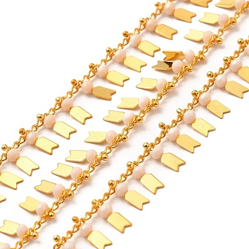 Glass Beaded Arrow Charm Chains, with Real 18K Gold Plated Brass Rope Chains, Soldered, with Spool, Pink, 1.5mm