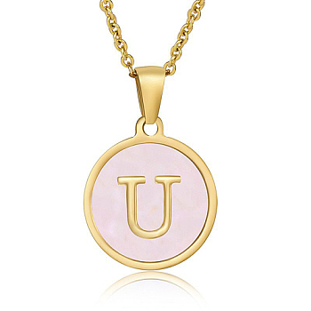 Natural Shell Initial Letter Pendant Necklace, with Golden Stainless Steel Cable Chains, Letter U, 17.72 inch(45cm)