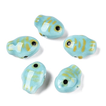 Handmade Printed Porcelain Beads Strand, Fish, Pale Turquoise, 13x18x9mm, Hole: 1.6mm, about 24~25pcs/strand, 11.81''(30~31.5cm)