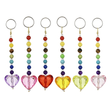 Heart Acrylic Keychains, with  Chakra Natural & Synthetic Gemstone Beads and Iron Keychain Ring, Mixed Color, 13.1cm