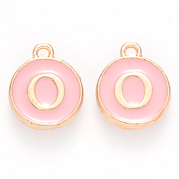Golden Plated Alloy Enamel Charms, Cadmium Free & Lead Free, Enamelled Sequins, Flat Round with Letter, Pink, Letter.O, 14x12x2mm, Hole: 1.5mm