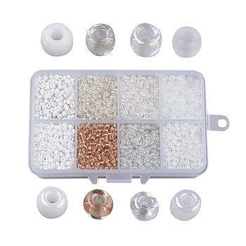 8/0 Glass Seed Beads, Mixed Style, Round, White, 3x2mm, Hole: 1mm, about 4200pcs/box, Packaging Box: 11x7x3cm