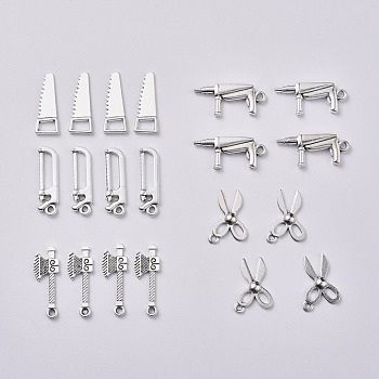 Mixed Tools Metal Charms Tibetan Style Alloy Pendants, Saw & Axe & Saw & Scissor & Drill, for DIY Jewelry Making and Crafting, Antique Silver, 20pcs/set