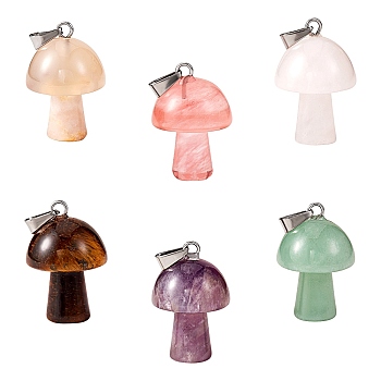 6Pcs 6 Colors Natural & Synthetic Gemstone Pendants, with Stainless Steel Snap On Bails, Mushroom Shaped, Mixed Color, 24~25x16mm, Hole: 5x3mm, 1pc/color