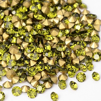 Back Plated Grade A Diamond Glass Pointed Rhinestone, Olivine, 1.5~1.6mm, about 1440pcs/bag