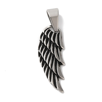 Ion Plating(IP) 304 Stainless Steel Pendants, Wing Charm, Antique Silver, 30x11.5x2.5mm, Hole: 8x5mm