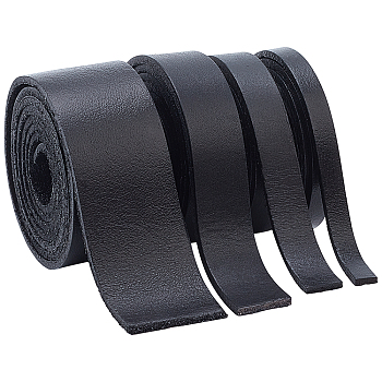 4Pcs 4 Styles Flat Leather Jewelry Cord, Jewelry DIY Making Material, Black, 6~25x2mm, about 1pc/style, 80cm/pc
