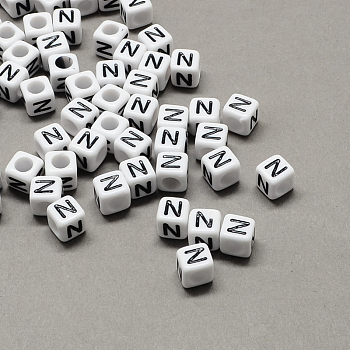 Large Hole Acrylic Letter European Beads, Horizontal Hole, White & Black, Cube with Letter.N, 7~8x7~8x7~8mm, Hole: 4mm, about 1144pcs/500g