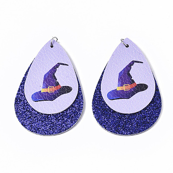 Halloween Theme, PU Leather Big Pendants, with Glitter Powder and Platinum Tone Stainless Steel Jump Rings, teardrop, with Witch Hat, Blue, 56x37x3mm, Hole: 4mm