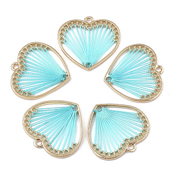 Alloy Pendants, with Polyester Thread, Heart, Golden, Dark Turquoise, 27x28x2mm, Hole: 2mm