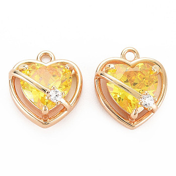 Brass Micro Pave Cubic Zirconia Charms, Real 18K Gold Plated, Nickel Free, Heart, Gold, 13x11.5x7mm, Hole: 1.2mm