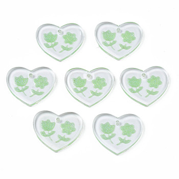 Transparent Resin Pendants, with Glitter Powder, Heart with Flower, Light Green, 17x20x2mm, Hole: 1.4mm