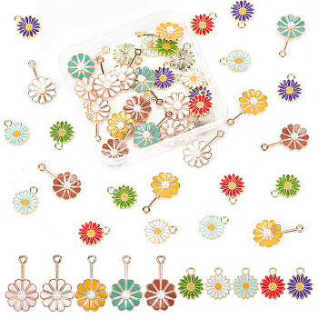 60Pcs 10 Style Alloy Enamel Pendants, with ABS Plastic Imitation Pearls, Light Gold, Flower Charm, Mixed Color, 17~26x13~15x2~4.5mm, Hole: 1.5~2mm, 6pcs/style