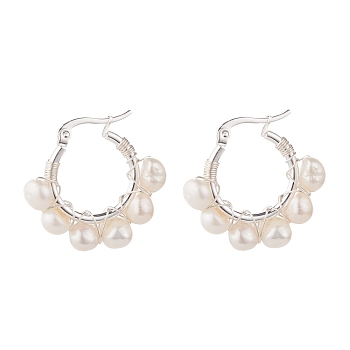 Natural Pearl Wire Wrapped Beaded Hoop Earrings for Women, Silver, White, 28x30x8mm, Pin: 0.8mm