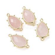 Natural Rose Quartz Connector Charms, with Golden Plated Brass Edge Loops, Faceted, Teardrop, 24x14.5x5mm, Hole: 1.2mm & 1.4mm(G-G012-05G-14)