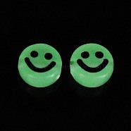 Luminous Acrylic Beads, Glow in the Dark, Flat Round with Smiling Face Pattern, Black, 10x5mm, Hole: 2mm, about 1450pcs/500g(LACR-E012-01A)