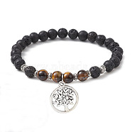 Natural Lava Rock & Natural Tiger Eye Gemstone Round Beaded Stretch Bracelet, with Alloy Tree of Life Charms, Inner Diameter: 2-1/2 inch(6.5cm)(BJEW-JB09767-03)