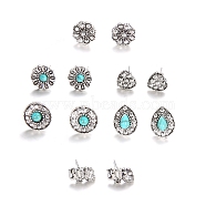 6 Pairs 6 Style Flower & Heart & Teardrop Synthetic Turquoise Stud Earrings with Rhinestone, Alloy Jewelry for Women, Antique Silver, 8~13mm, 1 Pair/style(AJEW-PW0005-26AS)