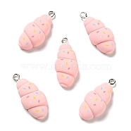 Opaque Resin Pendants, Croissant Charm, Imitation Food, with Platinum Tone Iron Loops, Pink, 31x13.5x8mm, Hole: 2x2.5mm(RESI-G043-D04-B)