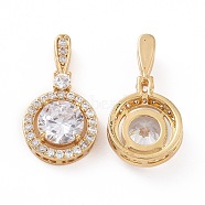Brass Micro Pave Cubic Zirconia Pendants, with Glass, Real 18K Gold Plated, Flat Round Charm, Clear, 23.5x13x6mm, Hole: 1.5x7mm(KK-E068-VC445)