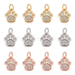 12Pcs 3 Colors Brass Micro Pave Cubic Zirconia Charms, with Jump Ring, Long-Lasting Plated, Footprint, Mixed Color, 10x8.5x2mm, 4pcs/color(ZIRC-FH0001-37)