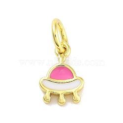 Real 18K Gold Plated Rack Plating Brass Enamel Charms, with Jump Ring, Long-Lasting Plated, Lead Free & Cadmium Free, Spaceship Charm, Hot Pink, 9x6x1.5mm, Hole: 3mm(KK-M293-28G-02)