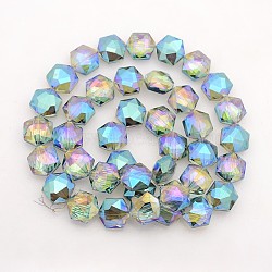 Hexagon Electroplate Full Rainbow Plated Glass Beads Strands, Faceted, Dark Turquoise, 15x14x8mm, Hole: 1mm, about 50pcs/strand, 23.6 inch(EGLA-P015-F04)