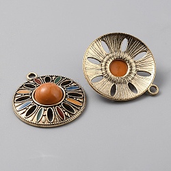 Alloy Enamel Pendants, with Acrylic Beads, Flat Round, Antique Golden, 29x26x7.5mm, Hole: 2mm(PALLOY-CJC0006-16AG)