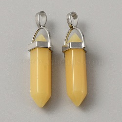 Natural Dyed White Jade Double Terminal Pointed Pendants, Faceted Bullet Charm, with Platinum Plated Alloy Findings, 40x13.5x10mm, Hole: 4x5mm(G-WH0016-37C)
