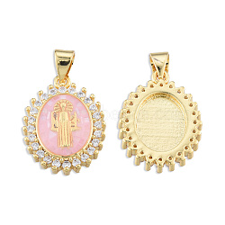 Brass Micro Pave Clear Cubic Zirconia Pendants, with Enamel and Shell, Real 18K Gold Plated, Nickel Free, Oval with Saint, Pink, 19.5x14.5x4mm, Hole: 3x4mm(KK-N227-95C)