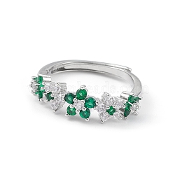 Green Cubic Zirconia Flower Adjustable Ring, Brass Jewelry for Women, Lead Free & Cadmium Free, Platinum, US Size 6(16.5mm)(RJEW-K240-09P)
