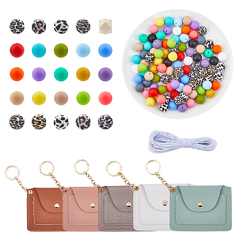 DIY Mini Pouch Keychain Maknig Kit, Including PU Leather Keychain, Silicone Beads, Elastic Cord, Mixed Color, 111Pcs/set