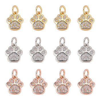 12Pcs 3 Colors Brass Micro Pave Cubic Zirconia Charms, with Jump Ring, Long-Lasting Plated, Footprint, Mixed Color, 10x8.5x2mm, 4pcs/color