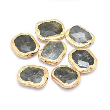 Natural Labradorite Beads, Edge Gold Plated, Faceted, Oval, 22~25x25~30x6~9mm, Hole: 0.8~1mm