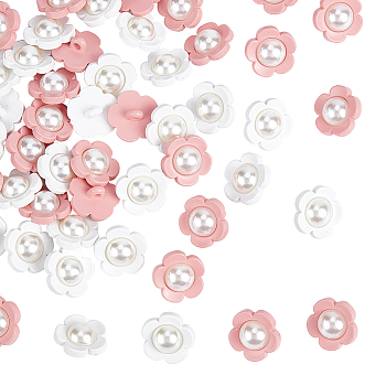 50Pcs 2 Colors 1-Hole Plstic Shank Buttons, with ABS Plastic Imitation Pearl, Flower, Mixed Color, 17x17.5x10.5mm, Hole: 2.7mm, 25pcs/color